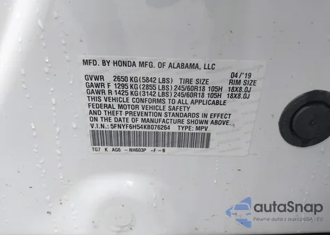 2019 Honda Pilot Ex-L z USA, uszkodzony, nr VIN 5FNYF6H54KB076264